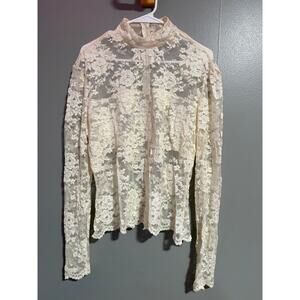 Cache Ivory Lace Mock Neck Blouse Sheer Long Sleeve Romantic Top Size 4